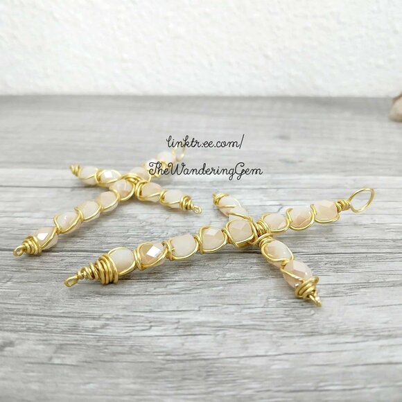 Faceted Glass Beaded Cross Pendant, Wire Wrapped Pendant, 3" - Picture 3 of 4